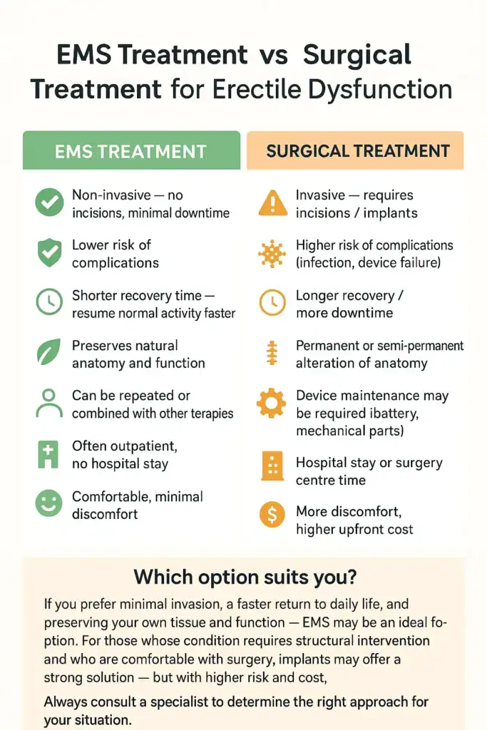 A table showing the benefits of EMS chair for erectile dysfunction treatment Swansea compared to surgery.